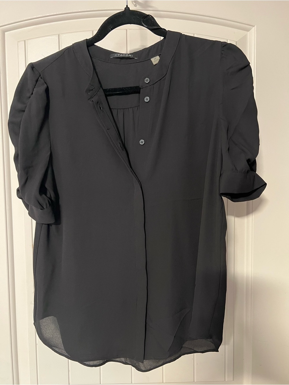 Tahari Black Short-Sleeve Button Front Blouse